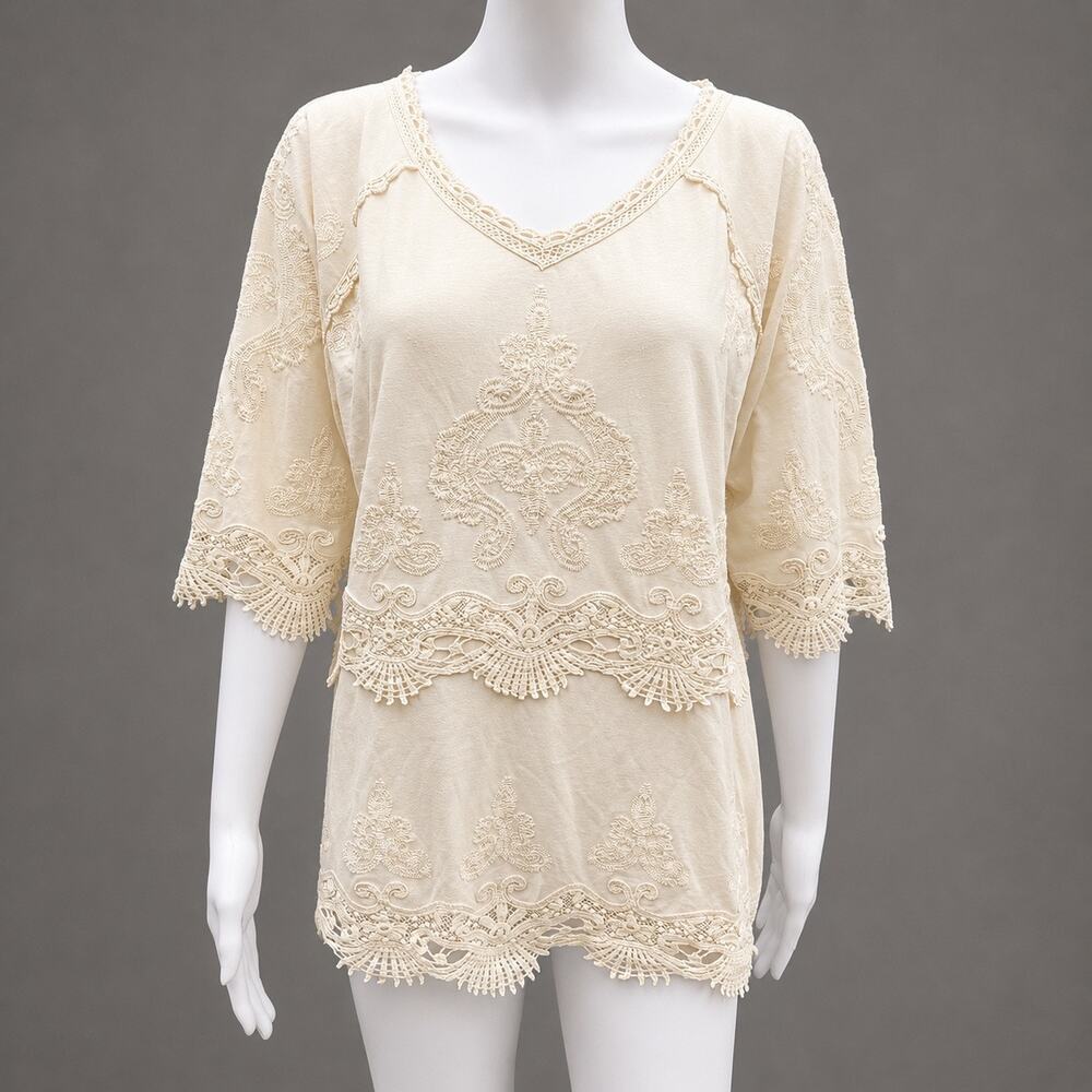 Sundance Betrothed Size L Ivory Embroidered Crochet Lace Boho Tunic Top